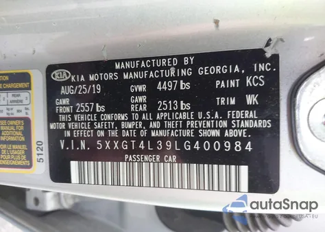 2020 Kia Optima Lx z USA, uszkodzony, nr VIN 5XXGT4L39LG400984